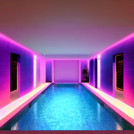 Image similar to govee hue led strip lighting, swiming pool, scene, colourful, 8 k, unreal engine, realistic, house and home,