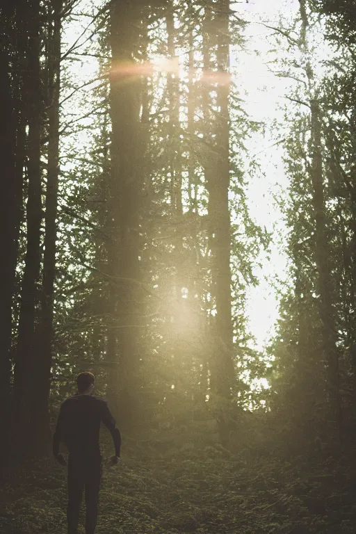 Prompt: kodak portra 4 0 0 photograph of a guy wearing a flower crown standing in a dark forest, back view, lens flare, moody lighting, moody vibe, telephoto, 9 0 s vibe, blurry background, grain, tranquil, calm, faded!,