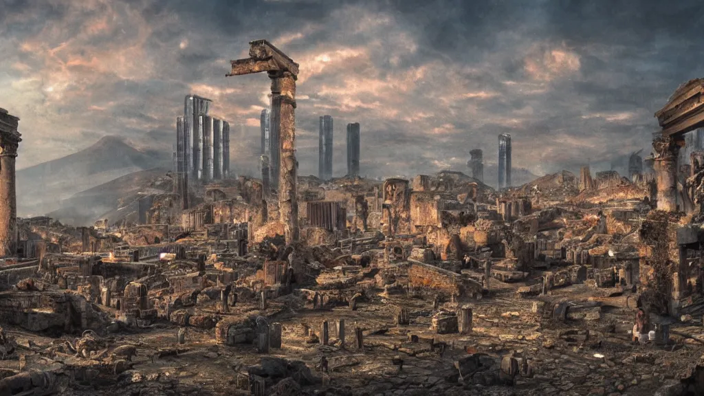 Image similar to cyberpunk pompeii landscape