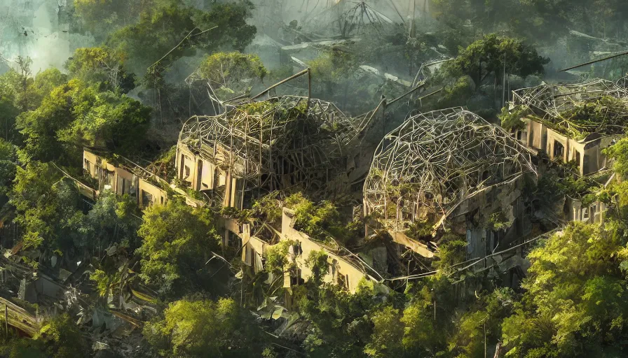 Image similar to destroyed collapsed national geographic museum covered by vegetation, debris, sunny day, hyperdetailed, artstation, cgsociety, 8 k