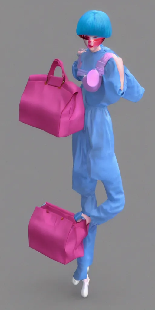 Image similar to 3d glitched malice blue doll carrying a pink fashion bag in a street city psx rendered early 90s net art n64