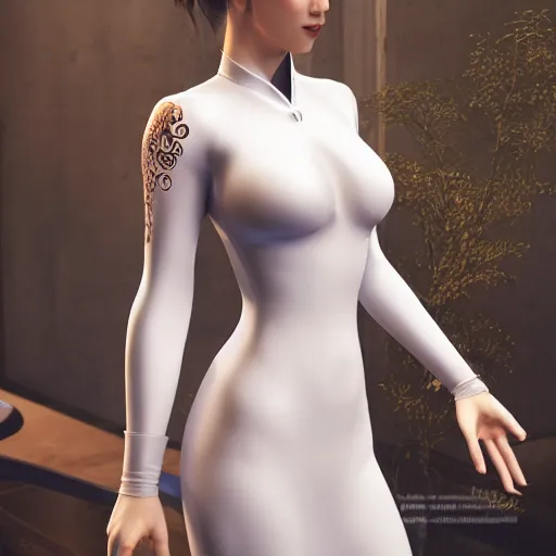 Image similar to muscular oiled woman wearing white ao dai, fat, ultra realistic, concept art, intricate details, highly detailed, photorealistic, octane render, 8 k, unreal engine.