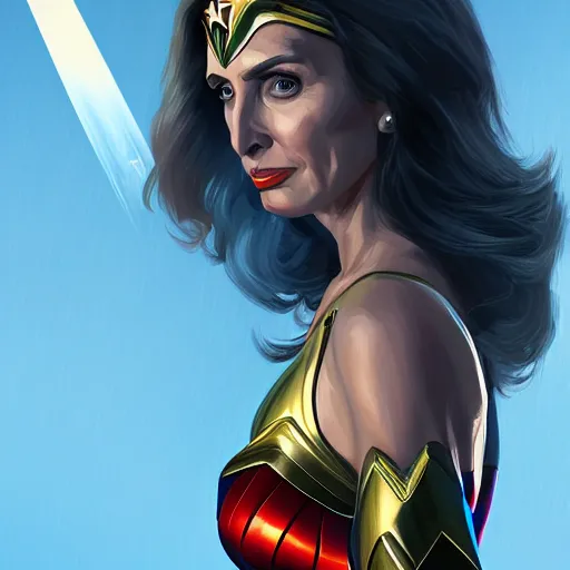 Prompt: Nancy Pelosi as Wonder Woman, digital art, cgsociety, artstation, trending, masterpiece