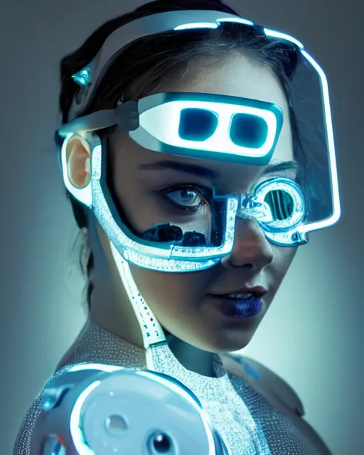 Image similar to centered portrait of soulful young sabrina salerno as a solarpunk mecha humanoid robotic parts wearing crystal goggles with bright led lights, real human face, pudica gesture bouguereau style, in white room, ultra - realistic and intricate, soft portrait shot 8 k