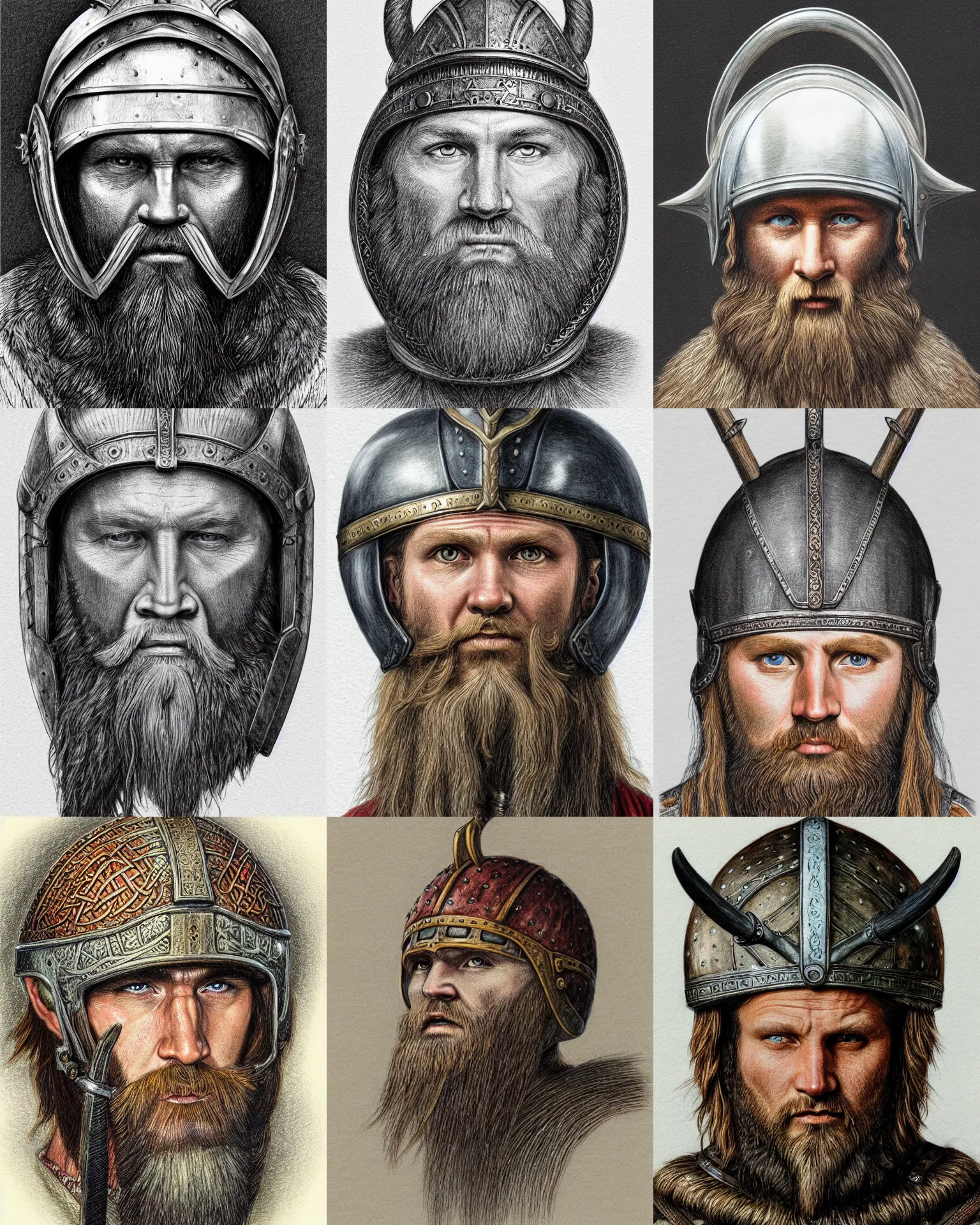 Prompt: very detailed colored pencil drawing a head of a beared viking wearing nordic helmet, white wall background, front face symmetrical, trending on artstation, fine art, thin lines, by gustave dore