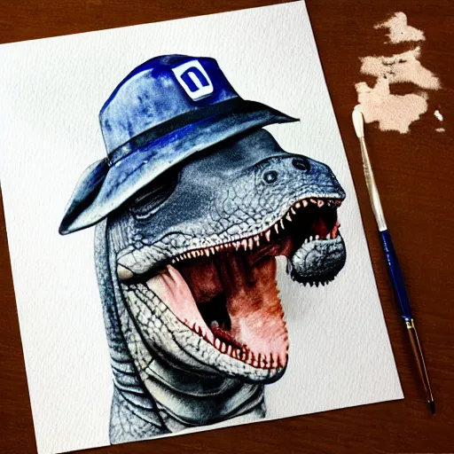 Image similar to photorealistic watercolor of a dinosaur licking a sleeping police officer