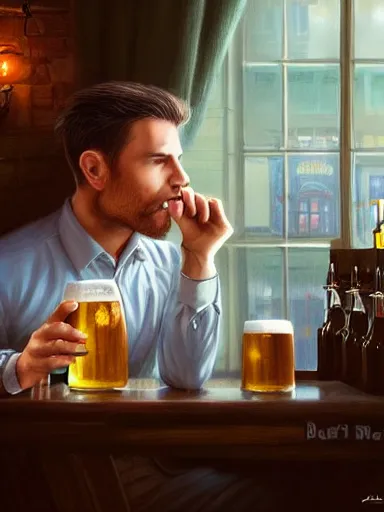 Prompt: a young handsome guy, drinking draffted beer in a pub. intricate, elegant, highly detailed, digital painting, artstation, concept art, sharp focus, illustration, by justin gerard and artgerm, 8 k