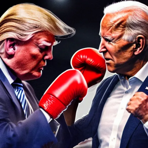 Prompt: donald trump and joe biden boxing in a boxing match photo - realistic