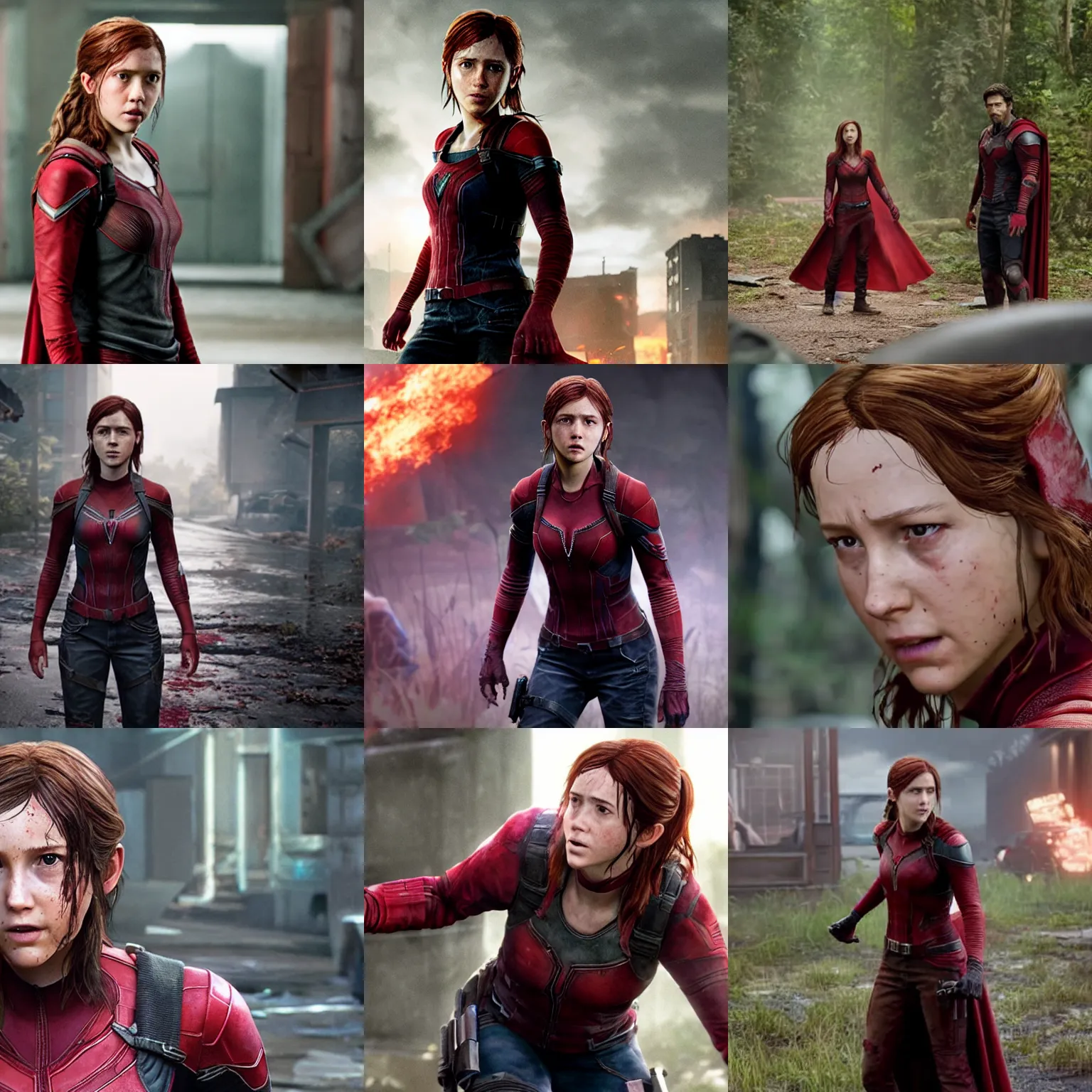 Prompt: Ellie from The Last of Us as the Scarlet Witch, film still from 'Avengers: Endgame'