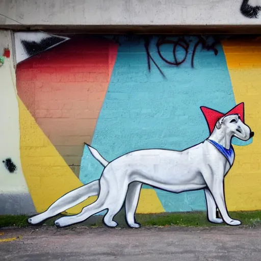 Prompt: graffiti mural of a white greyhound wearing a panama hat