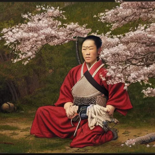 Prompt: an oil painting of a samurai warrior sitting under a cherry tree with white blossoms, edward robert hughes, tony sart, sakimi chan