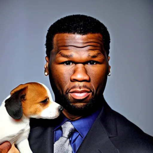 Prompt: 50 Cent holding a puppy for a 1990s sitcom tv show, Studio Photograph, portrait C 12.0