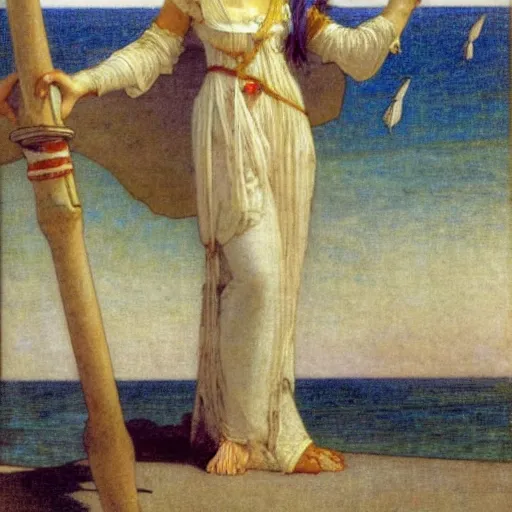 Prompt: A girl behind the beach castle balustrade, sail boat on the background, major arcana palace occult, by paul delaroche, alphonse mucha and arnold böcklin arnold böcklin hyperrealistic 8k, very detailed