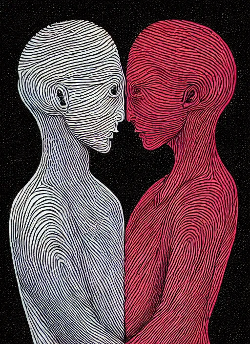 Image similar to 1 px color ink art by junji ito, perfectly centered symmetrical balanced male and female portrait of man and woman in love sharing one heart. high coherence ; fractal geometrical 8 k ultra hd