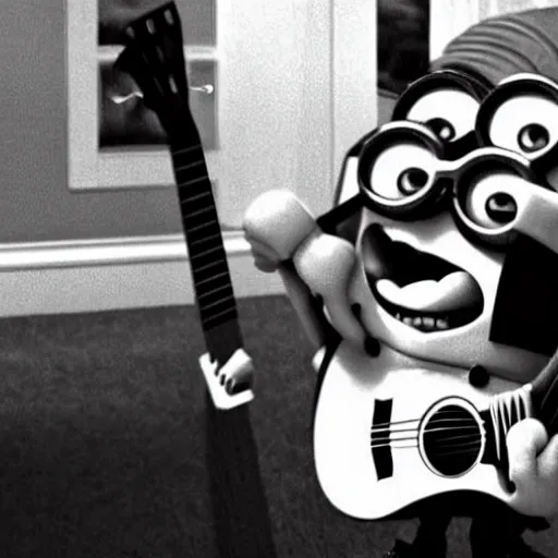 Image similar to super cute minion playing the guitar at the White House, movie still