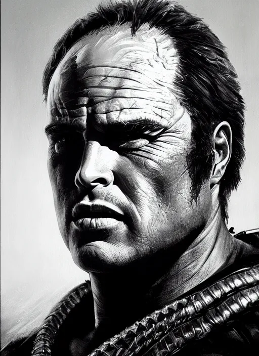 Prompt: portrait of marlon brando as a scheming warlord character in mad max 2 : the road warrior, film still, detailed realism face in painting, detailed beautiful portrait, oil painting masterpiece, 8 k resolution, smooth, sharp focus, trending on artstation, by rembrandt