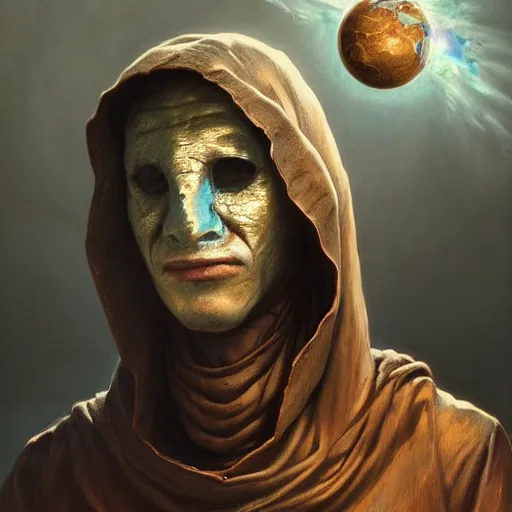 Image similar to masked nomad male wearing a cloak and holding a holographic planet projection in his hand, detailed, sci - fi, digital painting, artstation, sharp focus, illustration, ominous, artgerm, tomasz alen kopera, peter mohrbacher, donato giancola, joseph christian leyendecker, wlop, frank frazetta