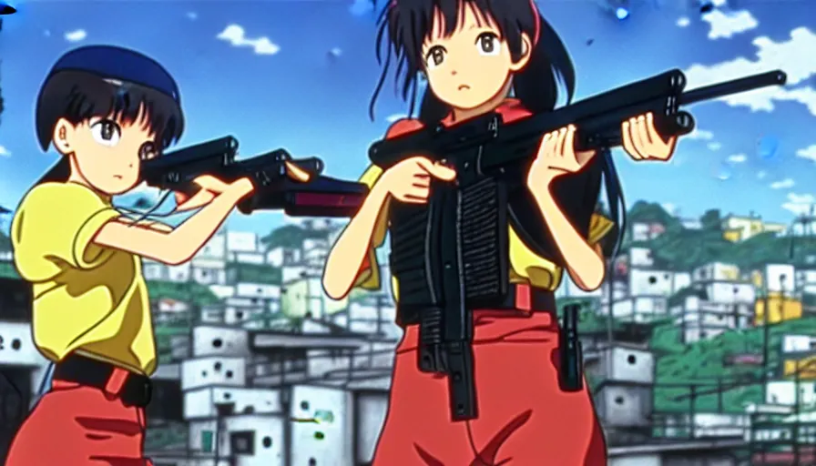 Image similar to 8 k screencap of a girl with a gun on a favela anime, by hayao miyazaki, studio ghibli, favela background extremely high quality artwork