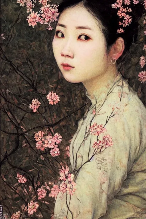 Image similar to close - up fashion asian woman portrait airy flowers sacura cloudy sky art by vasnetsov