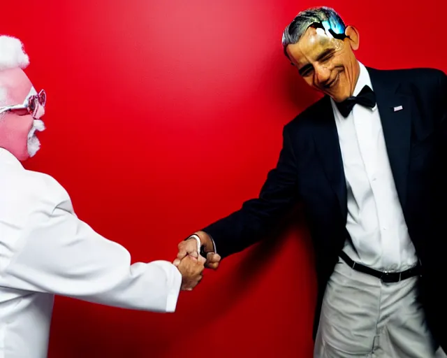 Image similar to Obama giving Colonel Sanders from KFC a handshake, photograph, red background with white stripes, 8k, commercial lighting, professional lighting