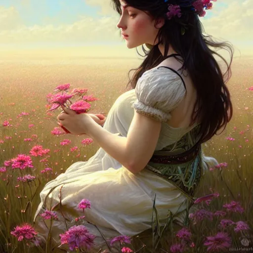 Image similar to a beautiful girl with dark hair and bangs, sitting in a field of flowers, fantasy, intricate, elegant, highly detailed, digital painting, artstation, concept art, matte, sharp focus, illustration, art by Artgerm and Greg Rutkowski and Alphonse Mucha