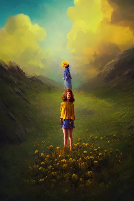 Image similar to closeup girl with huge yellow dahlia flower face, intricate, standing on mountain, surreal photography, blue storm clouds, dramatic light, impressionist painting, digital painting, artstation, simon stalenhag