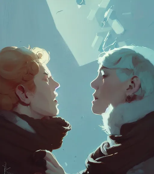 Image similar to portrait of cullen kissing clementina by atey ghailan, by greg rutkowski, by greg tocchini, by james gilleard, by joe fenton, by kaethe butcher, dynamic lighting, gradient light blue, brown, blonde cream and white color scheme, grunge aesthetic