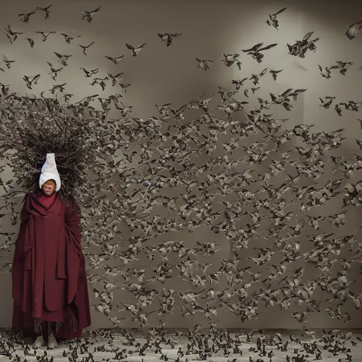 Image similar to a woman wearing a hood made of birds, in an abandoned office building, by jan van eyck, canon eos c 3 0 0, ƒ 1. 8, 3 5 mm, 8 k, medium - format print