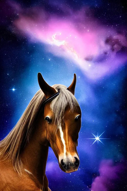 Image similar to astonaut horse, wearing space helmet, floating in space, nebulas and stars in background, space photography, ultrarealistic, sharp focus, intricate, ultra high definition, ultra resolution details, no duplicate, proportional, shadow effect, baroque environment