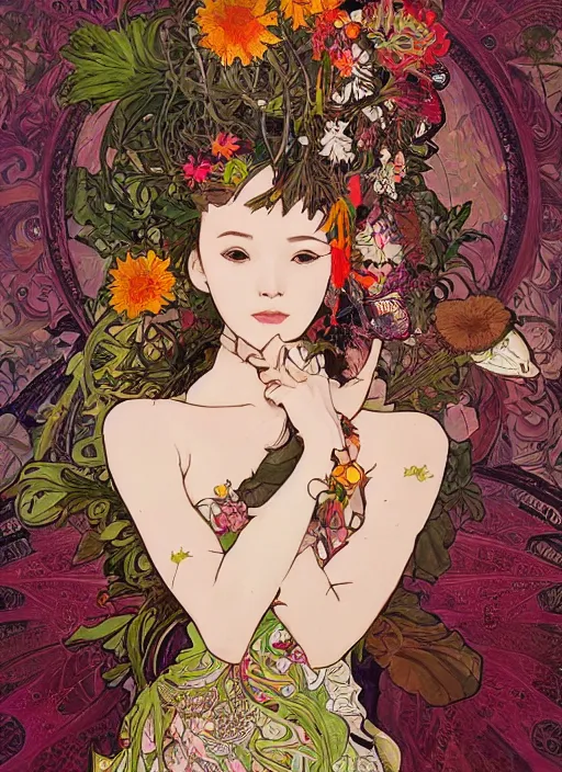 Image similar to !!! very coherent!!! oil painting, beautiful floralpunk iban cyborg portrait girl female illustration detailed patterns art of sarawak traditional dress, flower pop art, floral splash painting, art by ashley wood, alphonse mucha, makoto shinkai, geof darrow, dark shadow