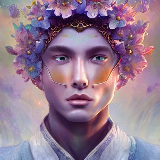 Image similar to a metaphysical flower king, mystical cosmic messenger, 4 k digital illustration by artgerm, wlop, james jean, andrei riabovitchev, marc simonetti, yoshitaka amano, artstation, cgsociety