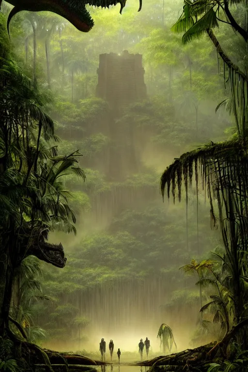 Image similar to a swampy tropical forest surprising a ancient mayan ruins with argentinosaurus walking around, tone mapped, shiny, intricate, cinematic lighting, highly detailed, digital painting, artstation, concept art, smooth, sharp focus, illustration, art by arthur haas and bruce pennington and john schoenherr