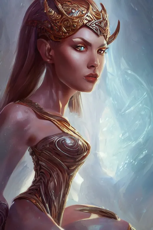 Image similar to three-quarters portrait pose of a beautiful woman, slim body, shining armor, elf warrior, fantasy, intricate, elegant, highly detailed, digital painting, artstation, concept art, matte, sharp focus,D&D, illustration, art by Artgerm and Peter Andrew Jones