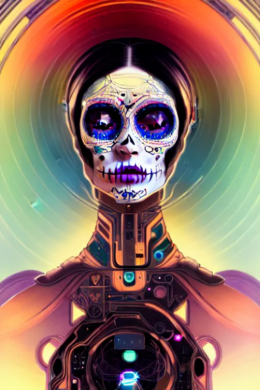 Image similar to ultra detailed, portrait of a female android, eyes closed, sci - fi, triadic color scheme, moody, calm, ( dia de los muertos ), asymmetrical, intricate concept art, art by artgerm and godmachine and michael welan andalphonse mucha and loish and wlop