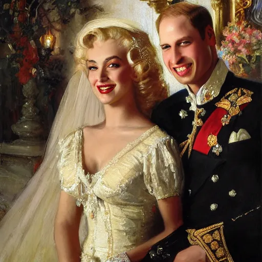 Image similar to detailed painting of prince william marrying attractive marilyn monroe, highly detailed painting by gaston bussiere, craig mullins, j. c. leyendecker 8 k, smiling couple, royal painting