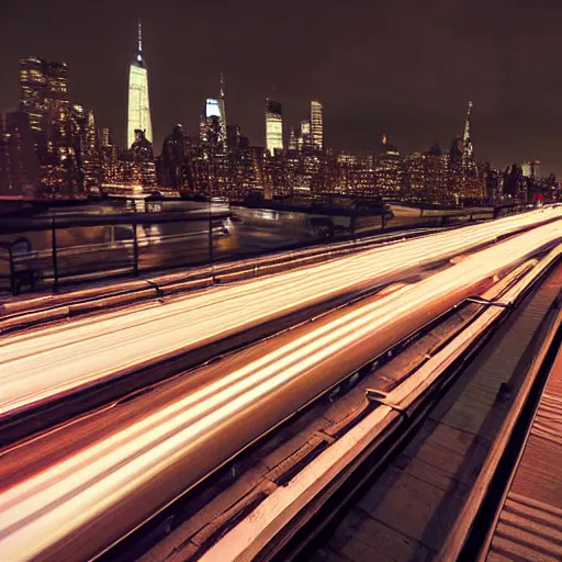 Image similar to futuristic train drives on bridge over busy street full of cars in nyc at night, still photo, cinematic lighting