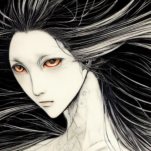 Image similar to yoshitaka amano realistic illustration of an anime girl with black eyes, wavy white hair fluttering in the wind and cracks on her face wearing elden ring armor with engraving, abstract black and white patterns on the background, noisy film grain effect, highly detailed, renaissance oil painting, weird portrait angle, three quarter view, head turned to the side