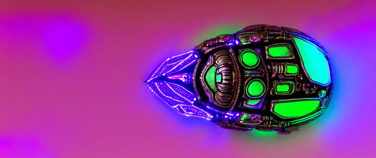 Image similar to high quality photo glowy iridescent cyborg scarab! jeweled very beautiful! highly detailed digital art david ligare elson peter cinematic purple neon lighting high quality low angle hd 8k sharp shallow depth of field