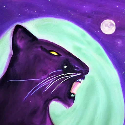 Image similar to closeup of a purple panther roaring at the moon in the forest. night. large moon in the center. cinematic. oil painting. concept art.