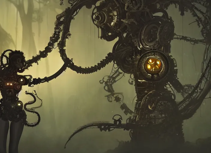 Image similar to silhouette of an intricate mechanical fairy with visible gears having tea with a cyborg gorgon medusa in a magical forest. Very detailed 8k. Fantasy cyberpunk horror. Sharp. Cinematic post-processing