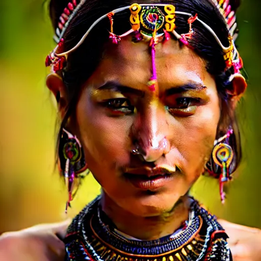 Image similar to portrait of a stunningly beautiful and alluring nepalese tribal female, depth of field, zeiss lens, detailed, symmetrical, centered, fashion photoshoot, by annie leibovitz and steve mccurry, david lazar, jimmy nelsson, breathtaking, 8 k resolution, extremely detailed, beautiful, establishing shot, artistic, hyperrealistic, beautiful face, octane render