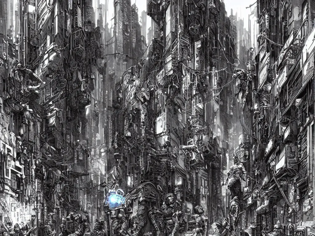 Image similar to a cyberpunk gang in the alleyway of a lofty city, gritty, cyberpunk ads, piping, cables, art deco architecture, graffiti, fine detail, intricate, polished, blue color scheme, digital art, illustration, by john smith and noriyoshi ohrai and tsutomu nihei