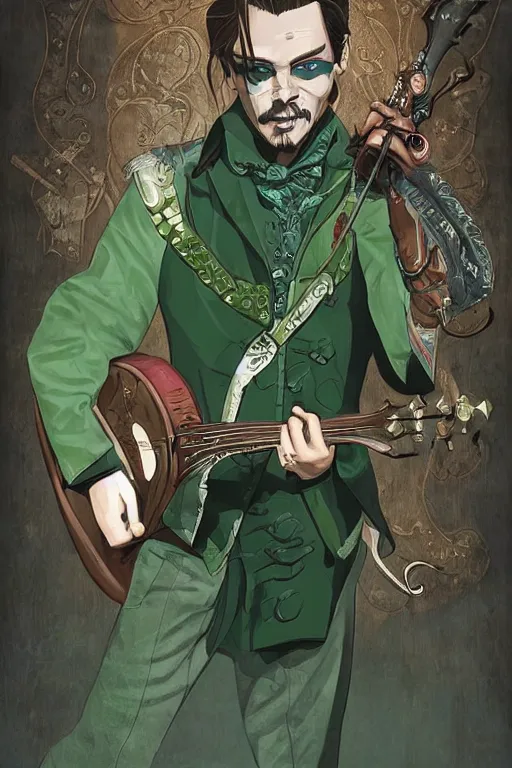 Image similar to Breathtaking comic book style of Johny Depp portrayed as a Dungeons and Dragons bard, playing the lute and wearing a pale green jacket in the style of ilya kuvshinov