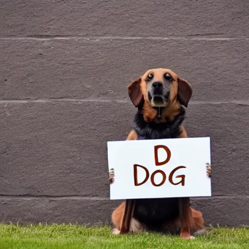 Image similar to professional photo of a dog holding a sign that says dog written on the sign