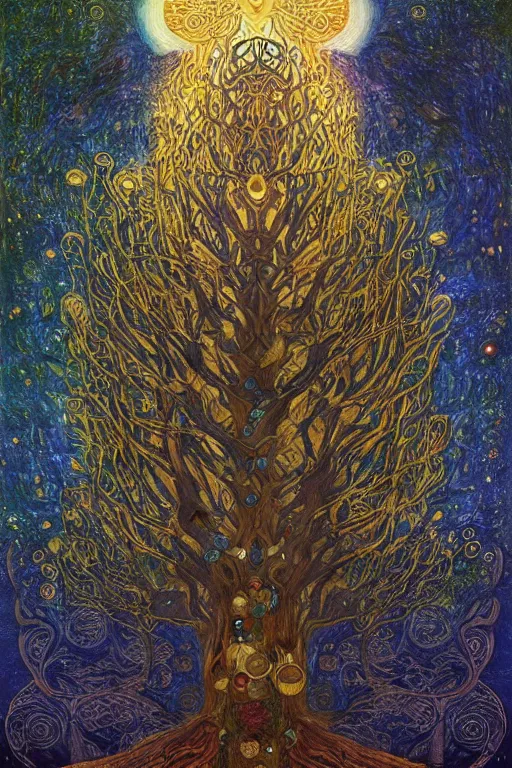 Prompt: Tree of Life by Karol Bak, Jean Deville, Gustav Klimt, and Vincent Van Gogh, mysterious, sacred geometry, Surreality, radiant halo, colorful jeweled leaves, otherworldly, enigma, fractal structures, celestial, arcane, ornate gilded medieval icon, third eye, spirals