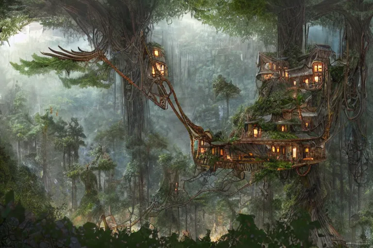 Image similar to a concealed wood elf village suspended high up in the redwood tree canopies, connected by rope bridges, fantasy setting, dense vegetation, very detailed, d & d concept art, 4 k