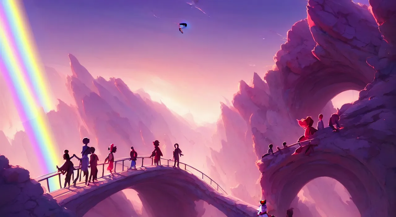 Image similar to incredible, mindblowing, refugees crossing a beautiful bridge made of rainbow hardlight, in marble incrusted of legends official fanart behance hd by jesper ejsing, by rhads, makoto shinkai and lois van baarle, ilya kuvshinov, rossdraws global illumination