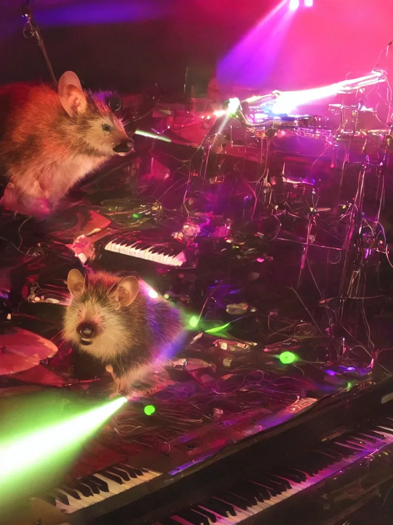 Prompt: Photorealistic opposum playing keyboards on stage with laser light show in the background