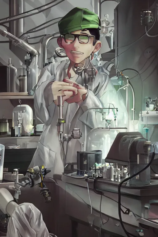 Image similar to a mad scientist mixing dangerous radioactive chemicals on a laboratory, wlop, trending on artstation, deviantart, anime key visual, official media, professional art, 8 k uhd