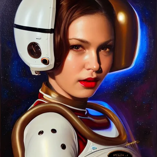 Prompt: a portrait of a very beautiful woman in a spacesuit with a dueling scar, brown eyes, shoulder-length brown hair, deep red lips, glitter, bored, illustration, soft lighting, soft details, painting oil on canvas by mark arian by artgerm, trending on artstation, 4k, 8k, HD